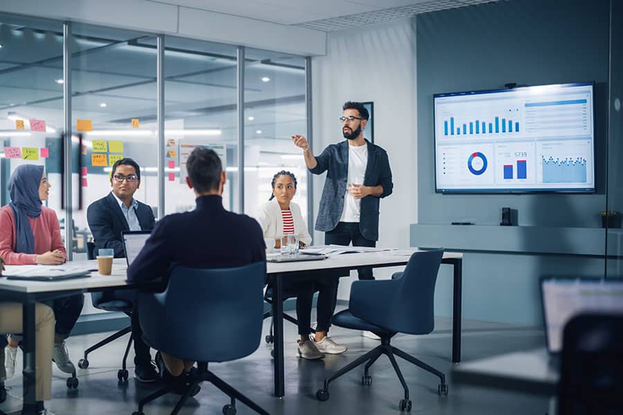 A business meeting in a board room